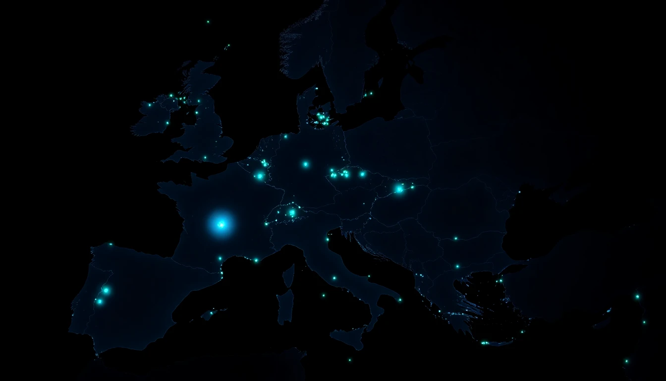 Carte d’Europe plongée dans le noir numérique, avec quelques points lumineux symbolisant les solutions souveraines.
